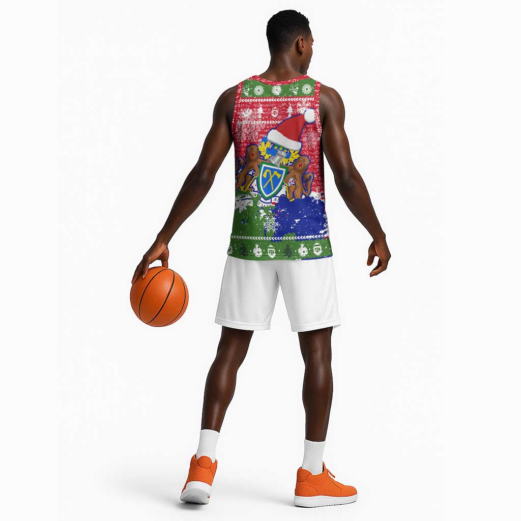 Gambia Christmas Basketball Jersey Santa Hippo National Coat of Arms Snowflakes and Festive Holiday - African Pride