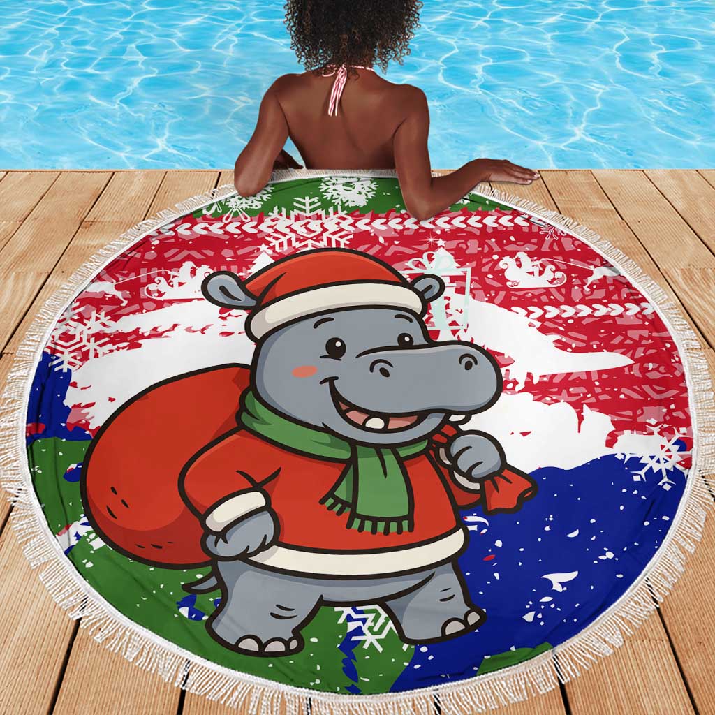 Gambia Christmas Beach Blanket Santa Hippo National Coat of Arms Snowflakes and Festive Holiday - African Pride