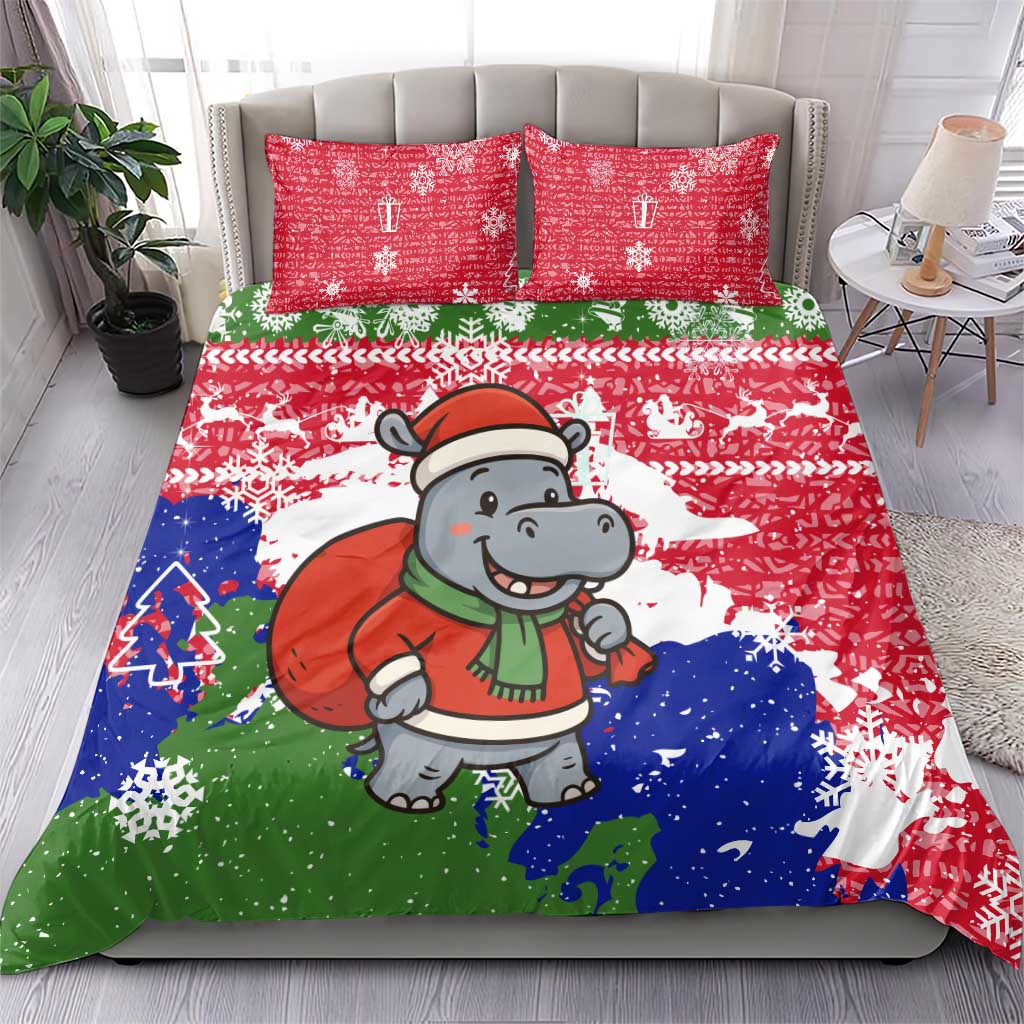 Gambia Christmas Bedding Set Santa Hippo National Coat of Arms Snowflakes and Festive Holiday - African Pride