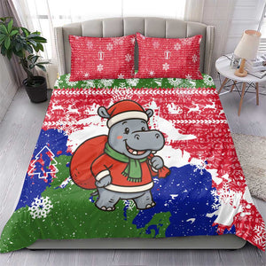 Gambia Christmas Bedding Set Santa Hippo National Coat of Arms Snowflakes and Festive Holiday - African Pride