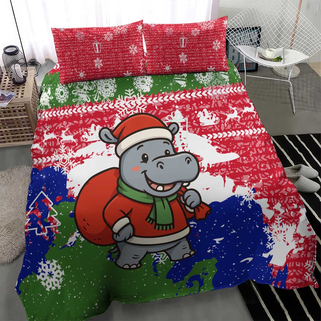 Gambia Christmas Bedding Set Santa Hippo National Coat of Arms Snowflakes and Festive Holiday - African Pride