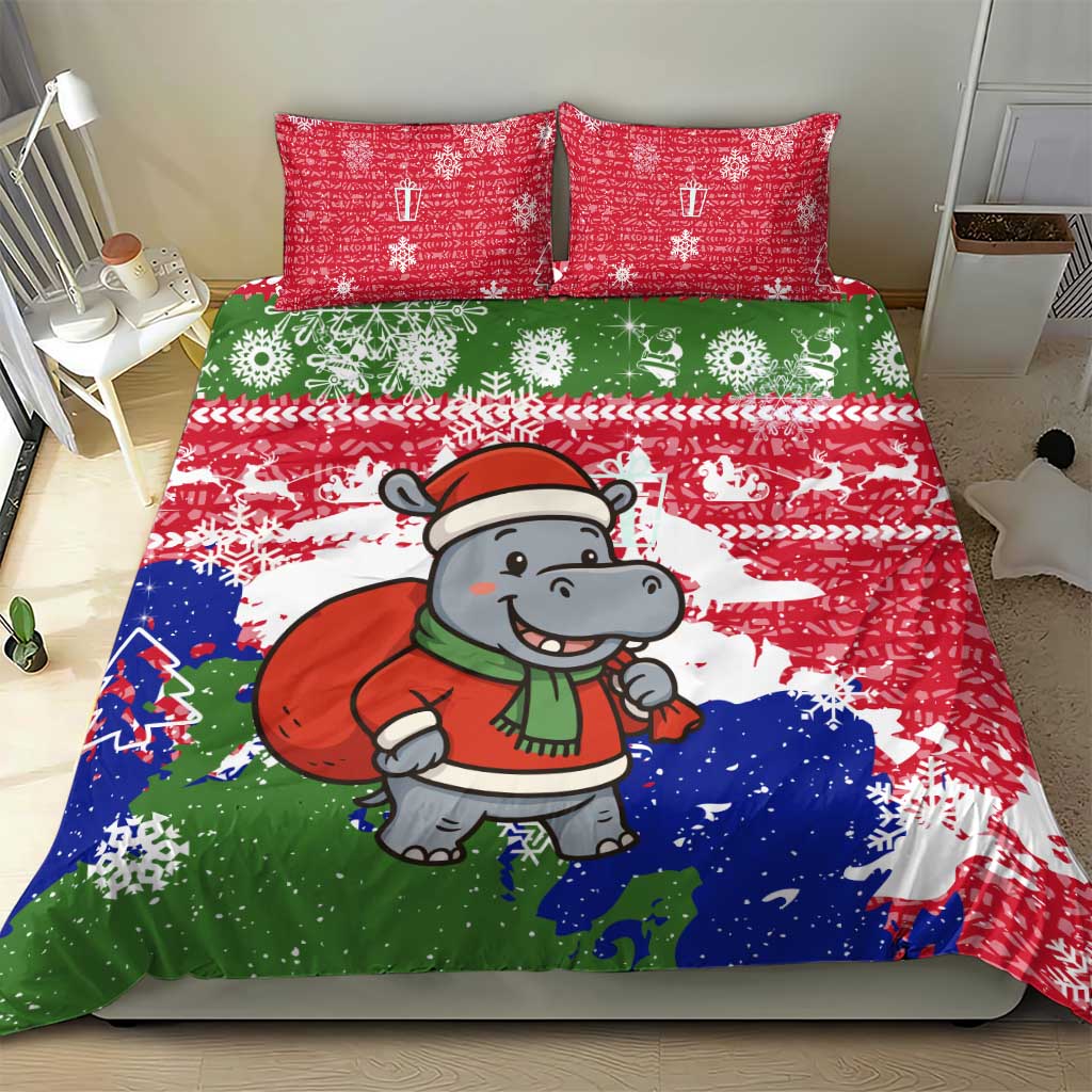 Gambia Christmas Bedding Set Santa Hippo National Coat of Arms Snowflakes and Festive Holiday - African Pride