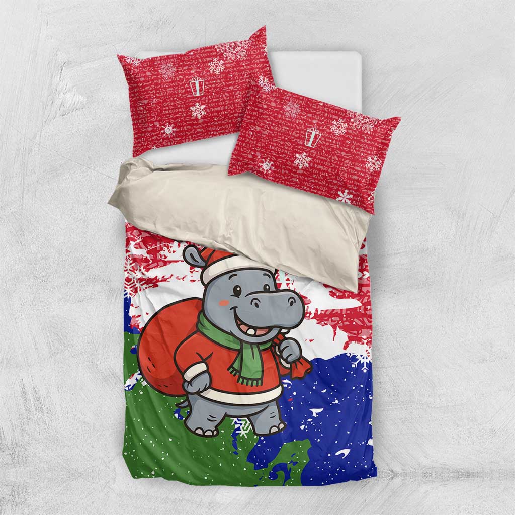 Gambia Christmas Bedding Set Santa Hippo National Coat of Arms Snowflakes and Festive Holiday - African Pride