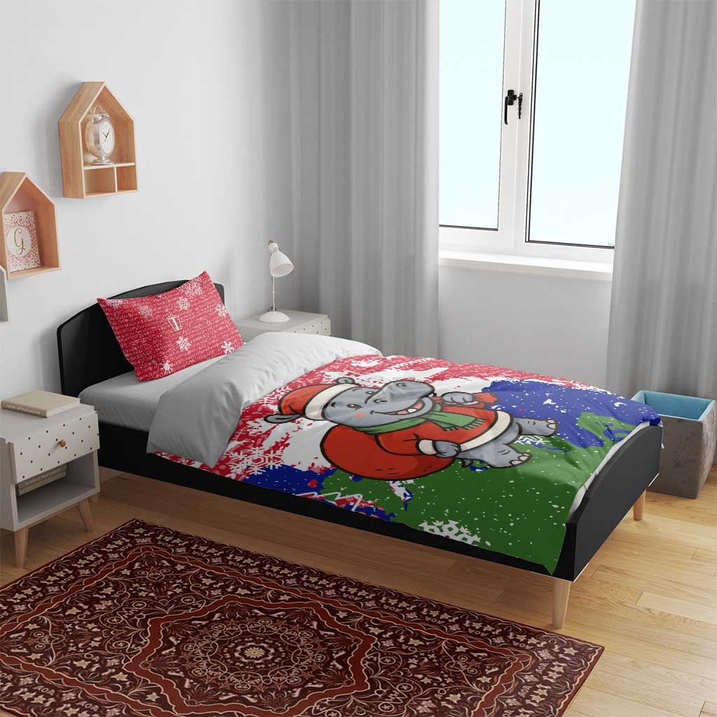 Gambia Christmas Bedding Set Santa Hippo National Coat of Arms Snowflakes and Festive Holiday - African Pride
