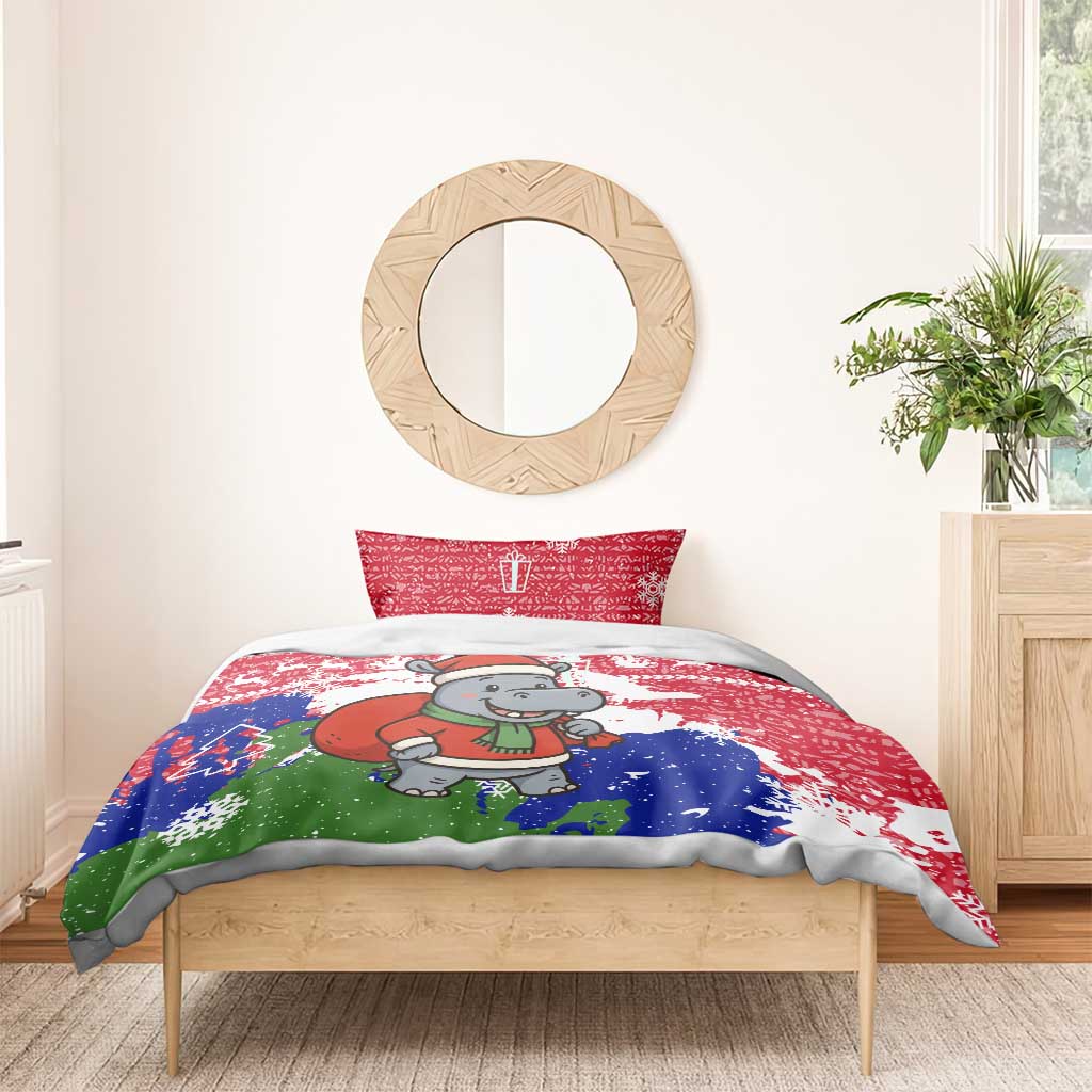 Gambia Christmas Bedding Set Santa Hippo National Coat of Arms Snowflakes and Festive Holiday - African Pride