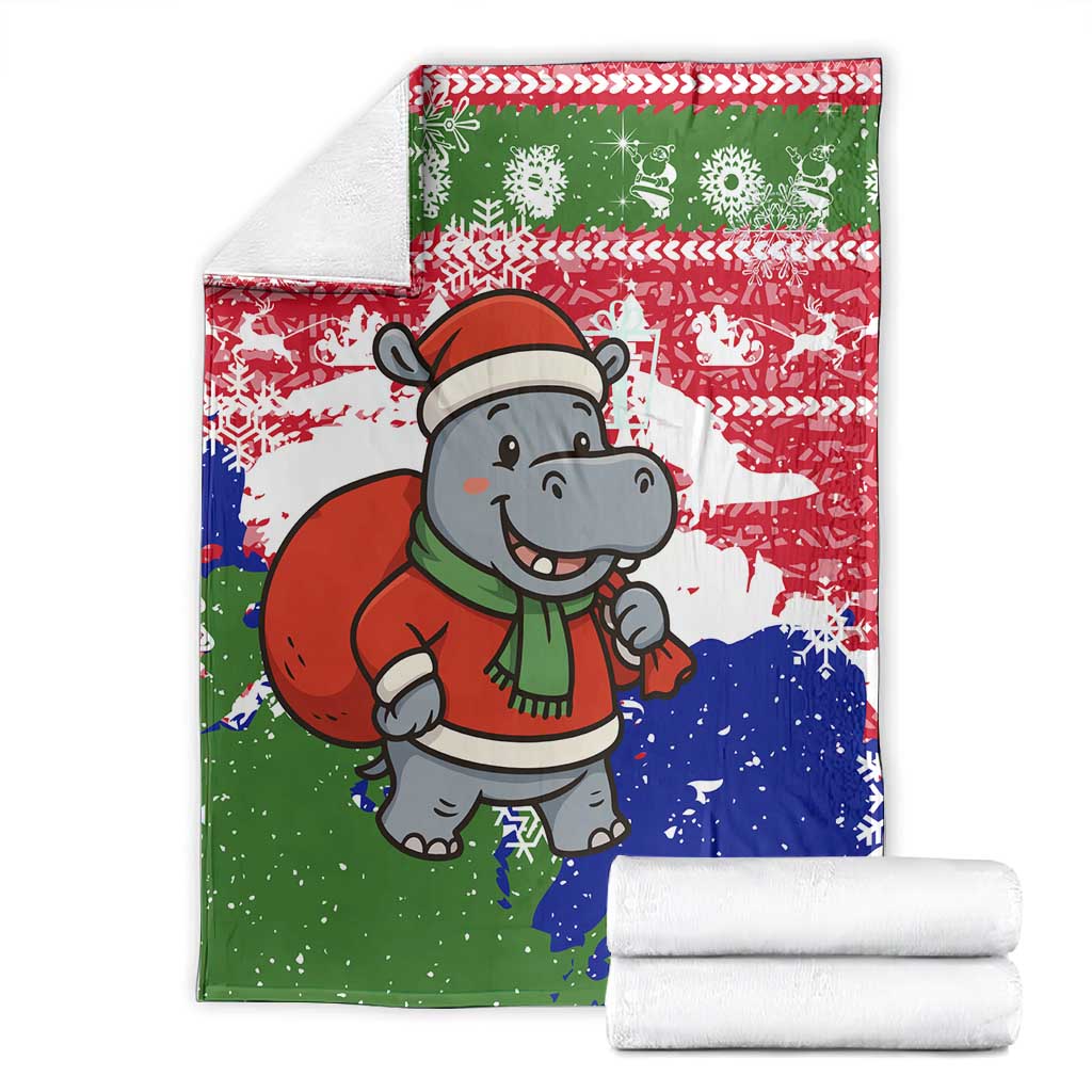 Gambia Christmas Blanket Santa Hippo National Coat of Arms Snowflakes and Festive Holiday - African Pride