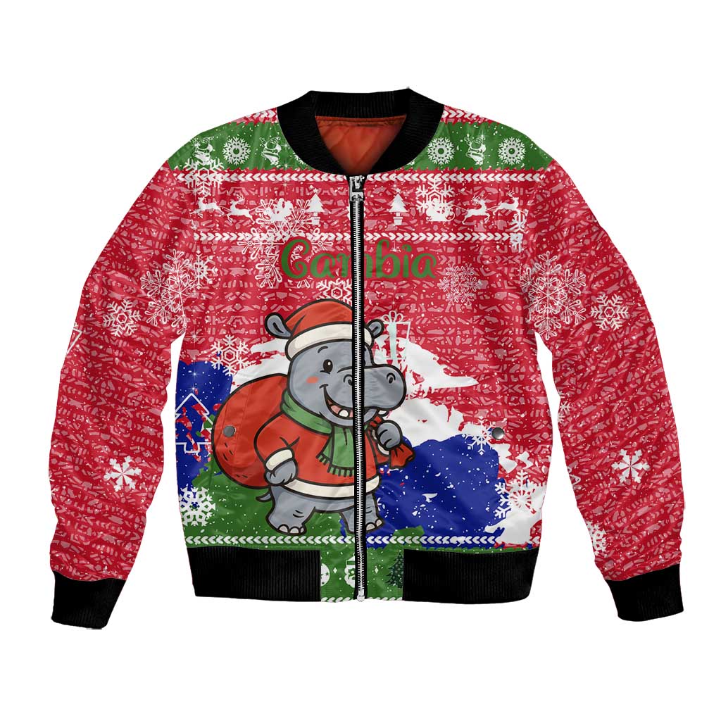 Gambia Christmas Bomber Jacket Santa Hippo National Coat of Arms Snowflakes and Festive Holiday - African Pride