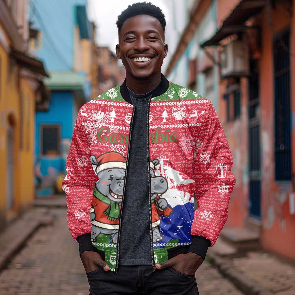 Gambia Christmas Bomber Jacket Santa Hippo National Coat of Arms Snowflakes and Festive Holiday - African Pride
