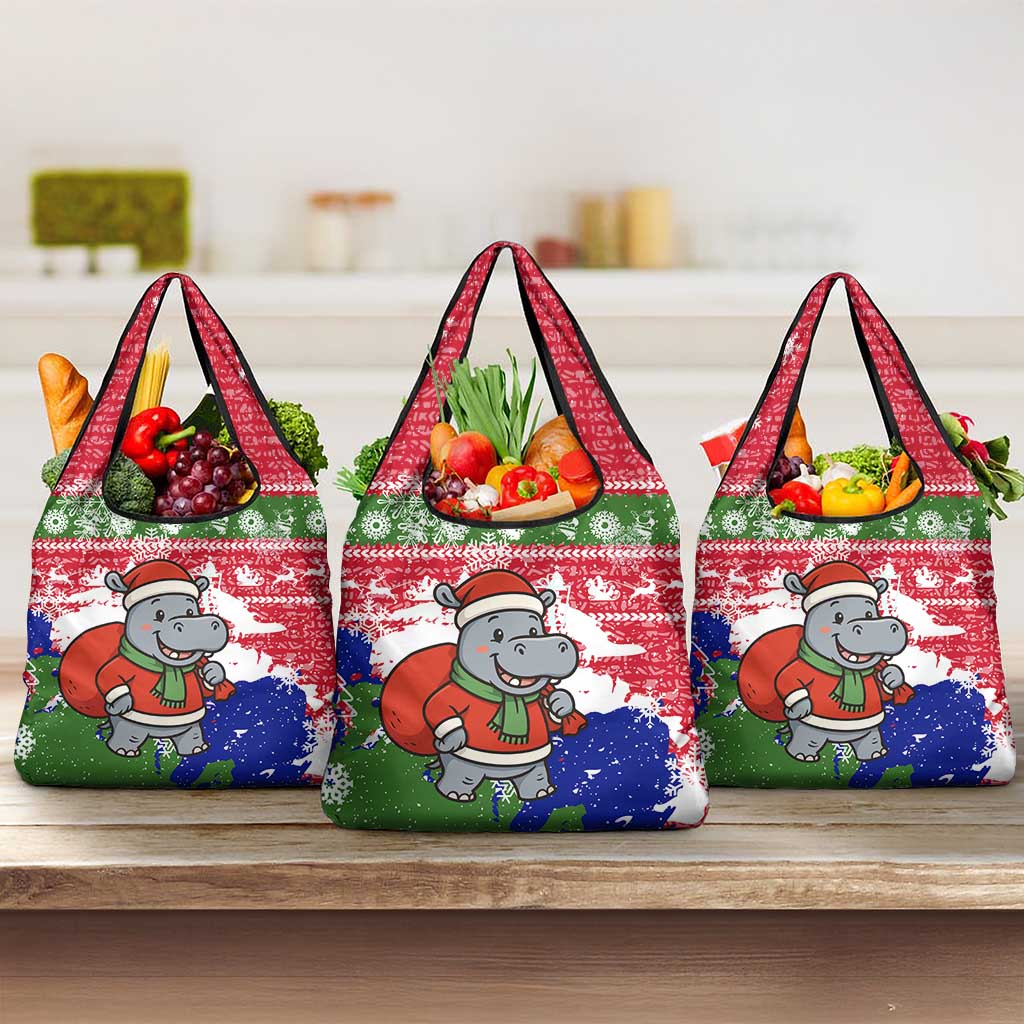 Gambia Christmas Grocery Bag Santa Hippo National Coat of Arms Snowflakes and Festive Holiday - African Pride