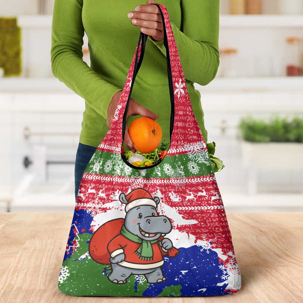 Gambia Christmas Grocery Bag Santa Hippo National Coat of Arms Snowflakes and Festive Holiday - African Pride