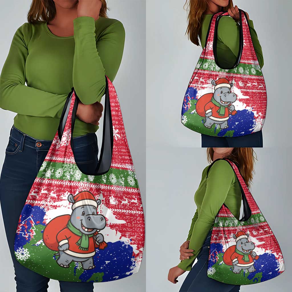 Gambia Christmas Grocery Bag Santa Hippo National Coat of Arms Snowflakes and Festive Holiday - African Pride