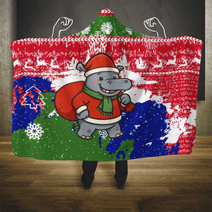 Gambia Christmas Hooded Blanket Santa Hippo National Coat of Arms Snowflakes and Festive Holiday - African Pride