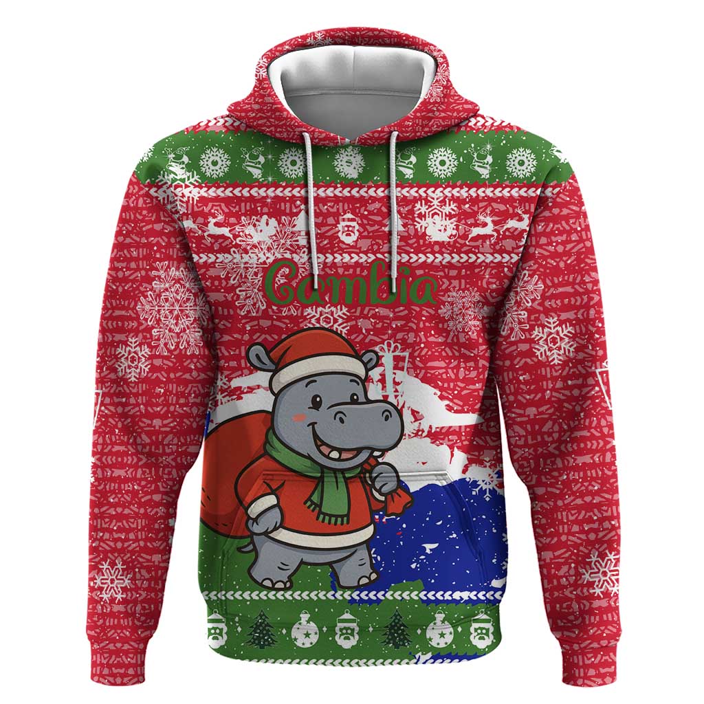 Gambia Christmas Hoodie Santa Hippo National Coat of Arms Snowflakes and Festive Holiday - African Pride