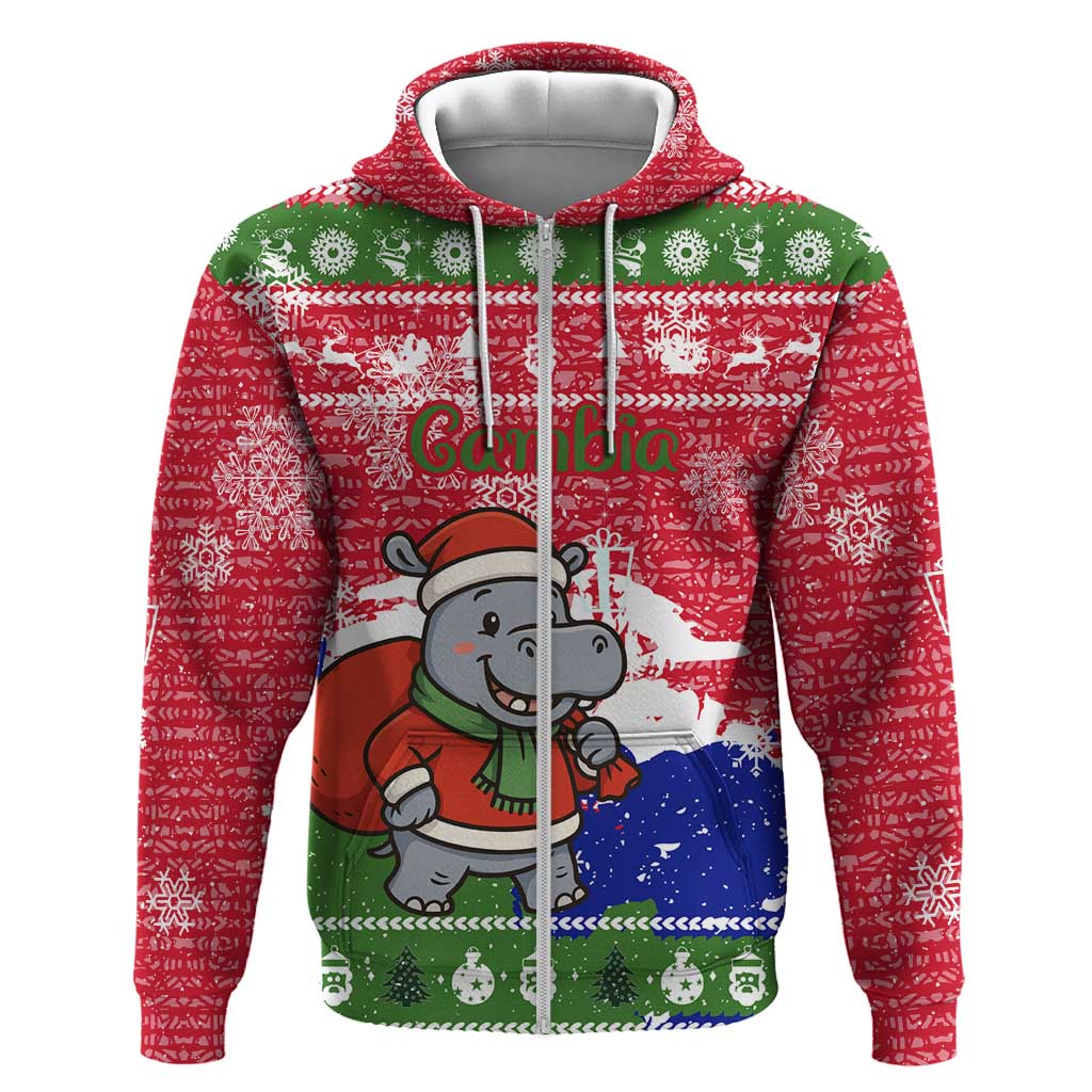 Gambia Christmas Hoodie Santa Hippo National Coat of Arms Snowflakes and Festive Holiday - African Pride