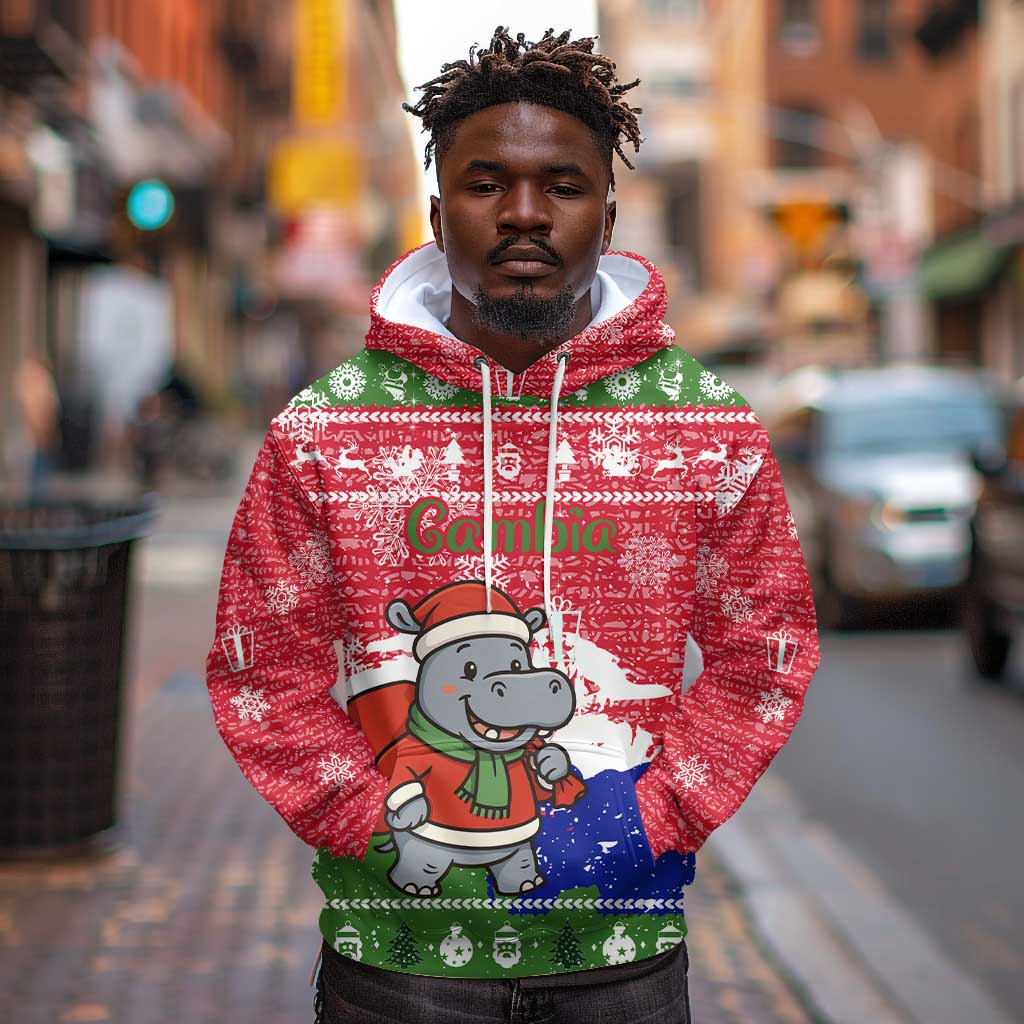 Gambia Christmas Hoodie Santa Hippo National Coat of Arms Snowflakes and Festive Holiday - African Pride