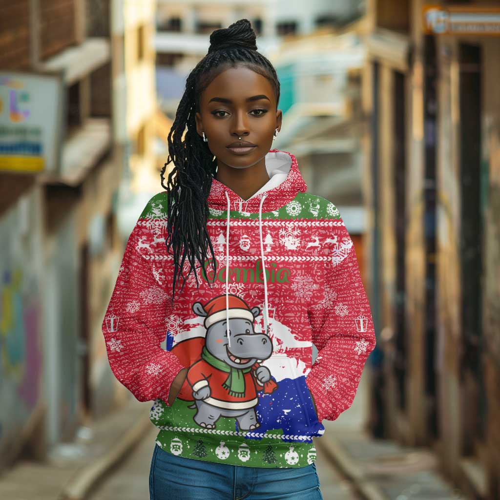 Gambia Christmas Hoodie Santa Hippo National Coat of Arms Snowflakes and Festive Holiday - African Pride