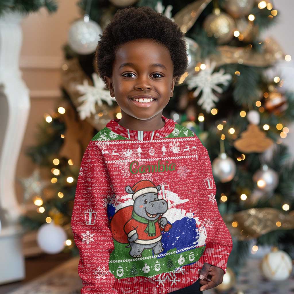 Gambia Christmas Kid Ugly Christmas Sweater Santa Hippo National Coat of Arms Snowflakes and Festive Holiday - African Pride