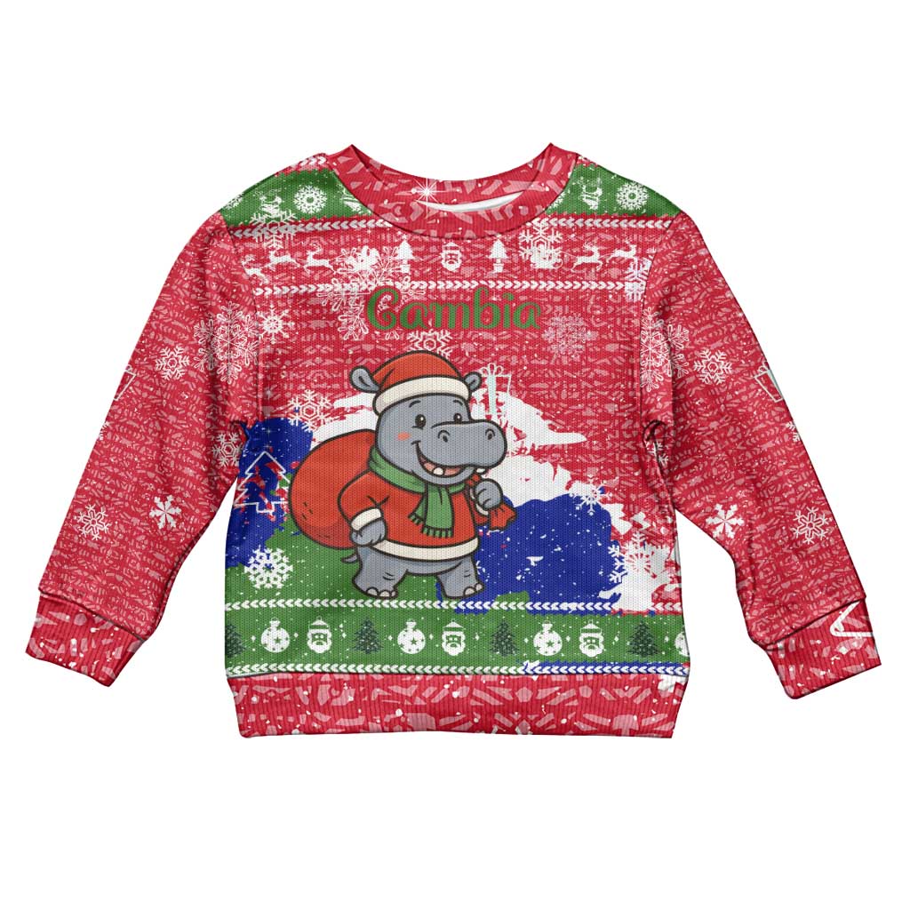 Gambia Christmas Kid Ugly Christmas Sweater Santa Hippo National Coat of Arms Snowflakes and Festive Holiday - African Pride