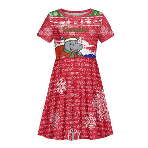Gambia Christmas Kid Short Sleeve Dress Santa Hippo National Coat of Arms Snowflakes and Festive Holiday - African Pride