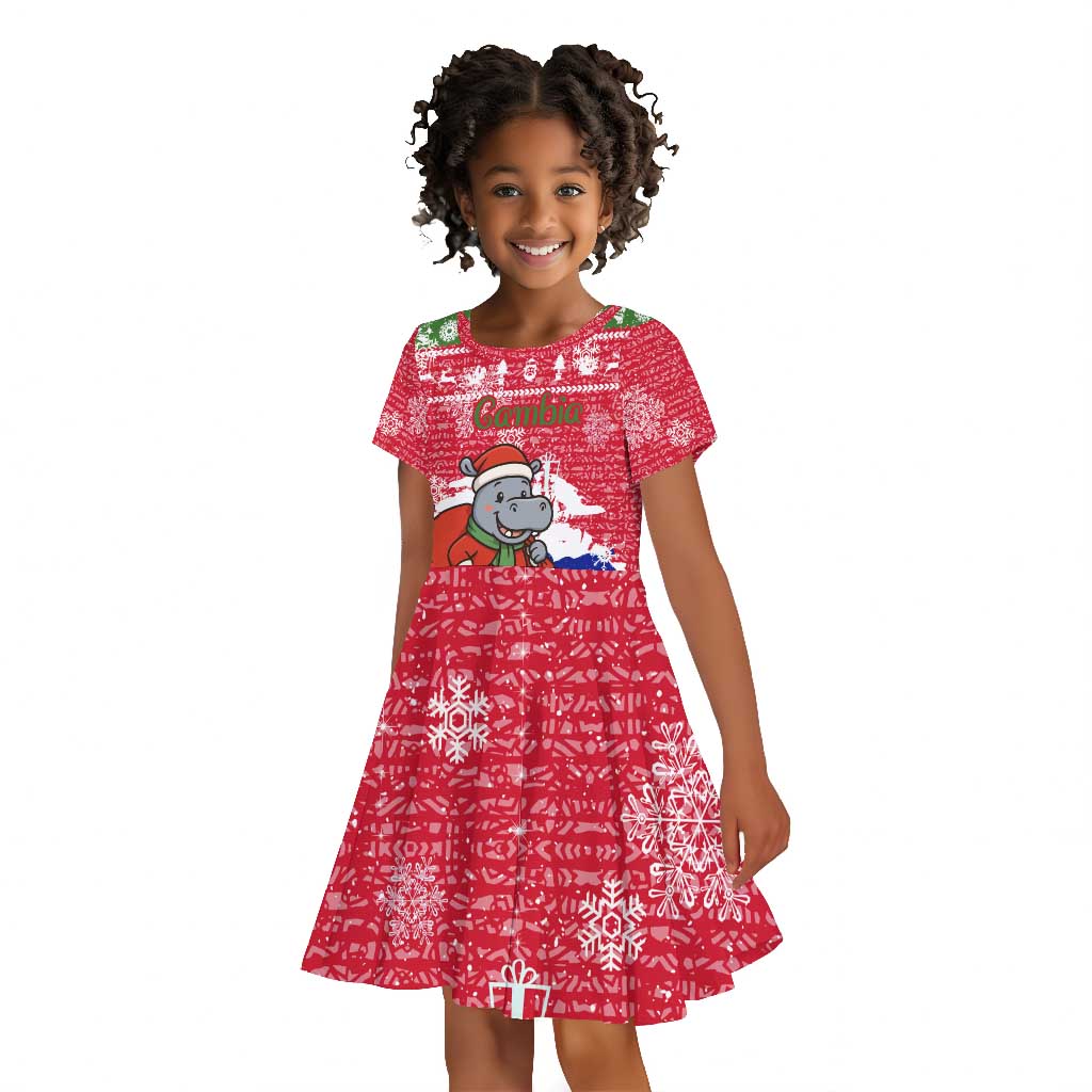 Gambia Christmas Kid Short Sleeve Dress Santa Hippo National Coat of Arms Snowflakes and Festive Holiday - African Pride