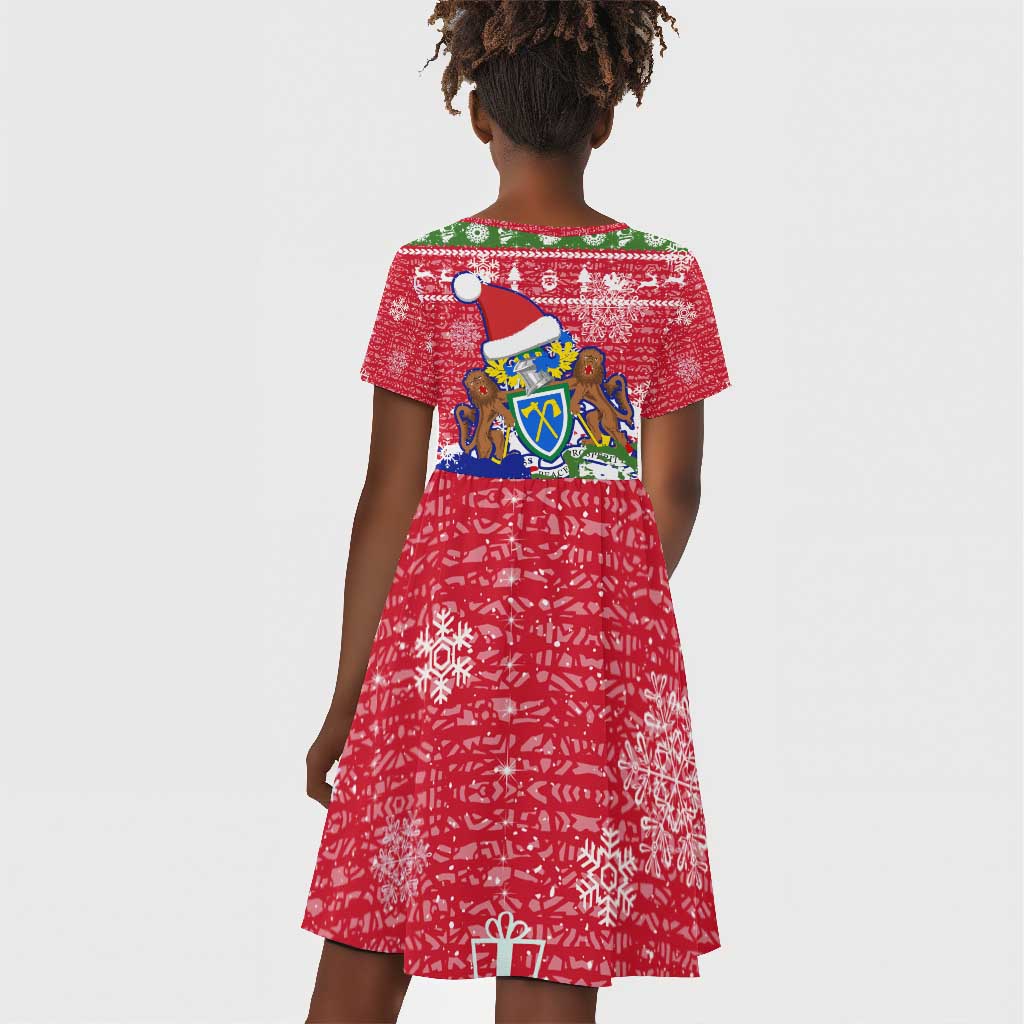 Gambia Christmas Kid Short Sleeve Dress Santa Hippo National Coat of Arms Snowflakes and Festive Holiday - African Pride