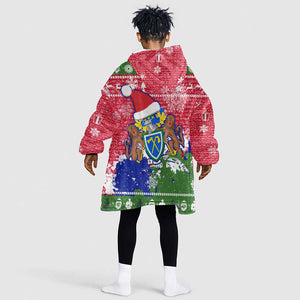 Gambia Christmas Kid Wearable Blanket Hoodie Santa Hippo National Coat of Arms Snowflakes and Festive Holiday - African Pride