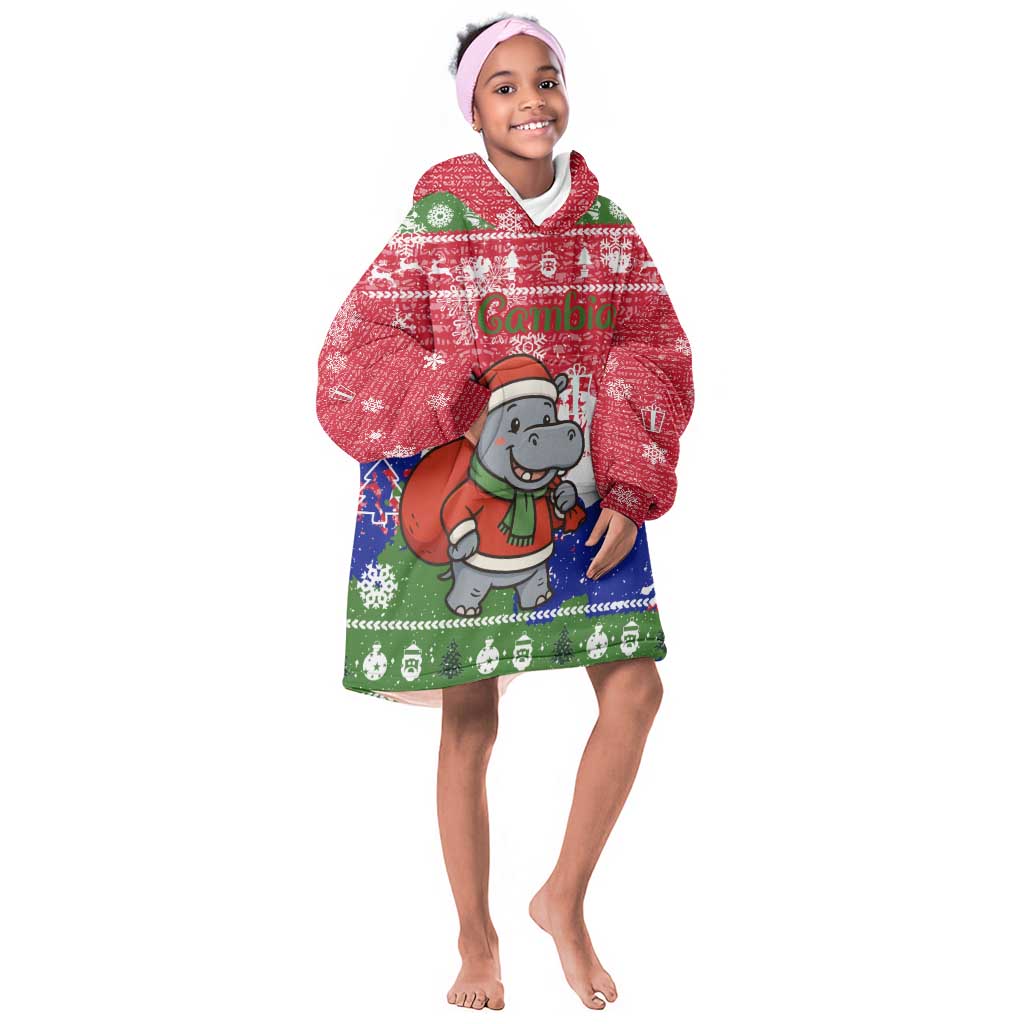 Gambia Christmas Kid Wearable Blanket Hoodie Santa Hippo National Coat of Arms Snowflakes and Festive Holiday - African Pride