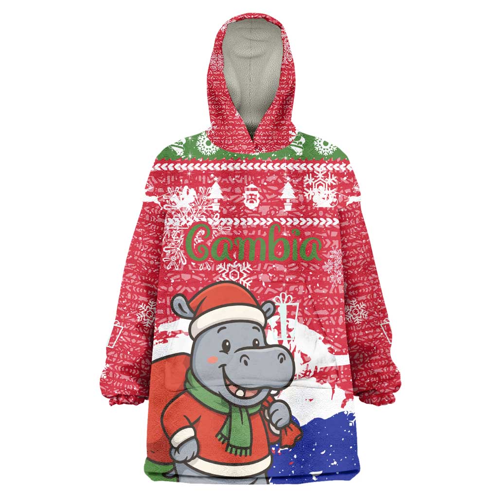Gambia Christmas Kid Wearable Blanket Hoodie Santa Hippo National Coat of Arms Snowflakes and Festive Holiday - African Pride