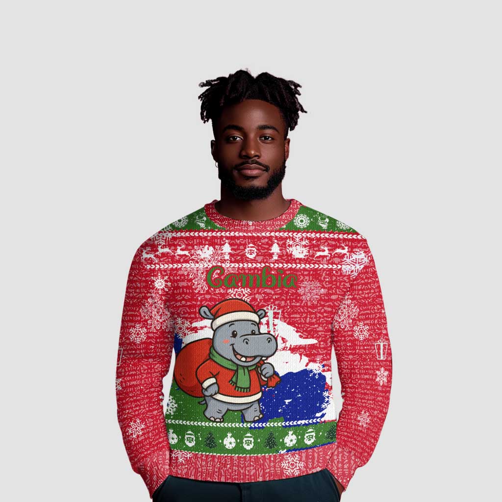 Gambia Christmas Ugly Christmas Sweater Santa Hippo National Coat of Arms Snowflakes and Festive Holiday - African Pride