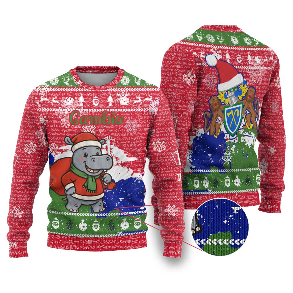 Gambia Christmas Ugly Christmas Sweater Santa Hippo National Coat of Arms Snowflakes and Festive Holiday - African Pride