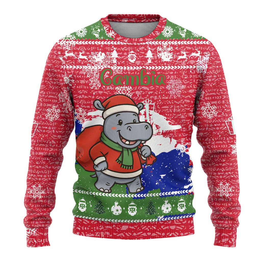 Gambia Christmas Ugly Christmas Sweater Santa Hippo National Coat of Arms Snowflakes and Festive Holiday - African Pride
