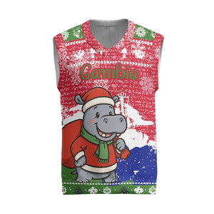 Gambia Christmas Knitted V-Neck Vest Santa Hippo National Coat of Arms Snowflakes and Festive Holiday - African Pride