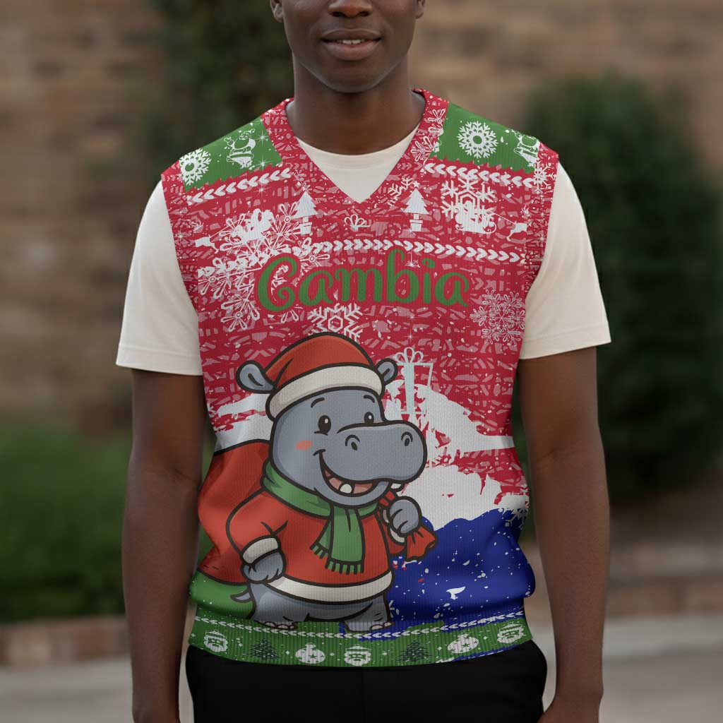 Gambia Christmas Knitted V-Neck Vest Santa Hippo National Coat of Arms Snowflakes and Festive Holiday - African Pride
