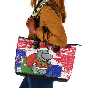 Gambia Christmas Leather Tote Bag Santa Hippo National Coat of Arms Snowflakes and Festive Holiday - African Pride