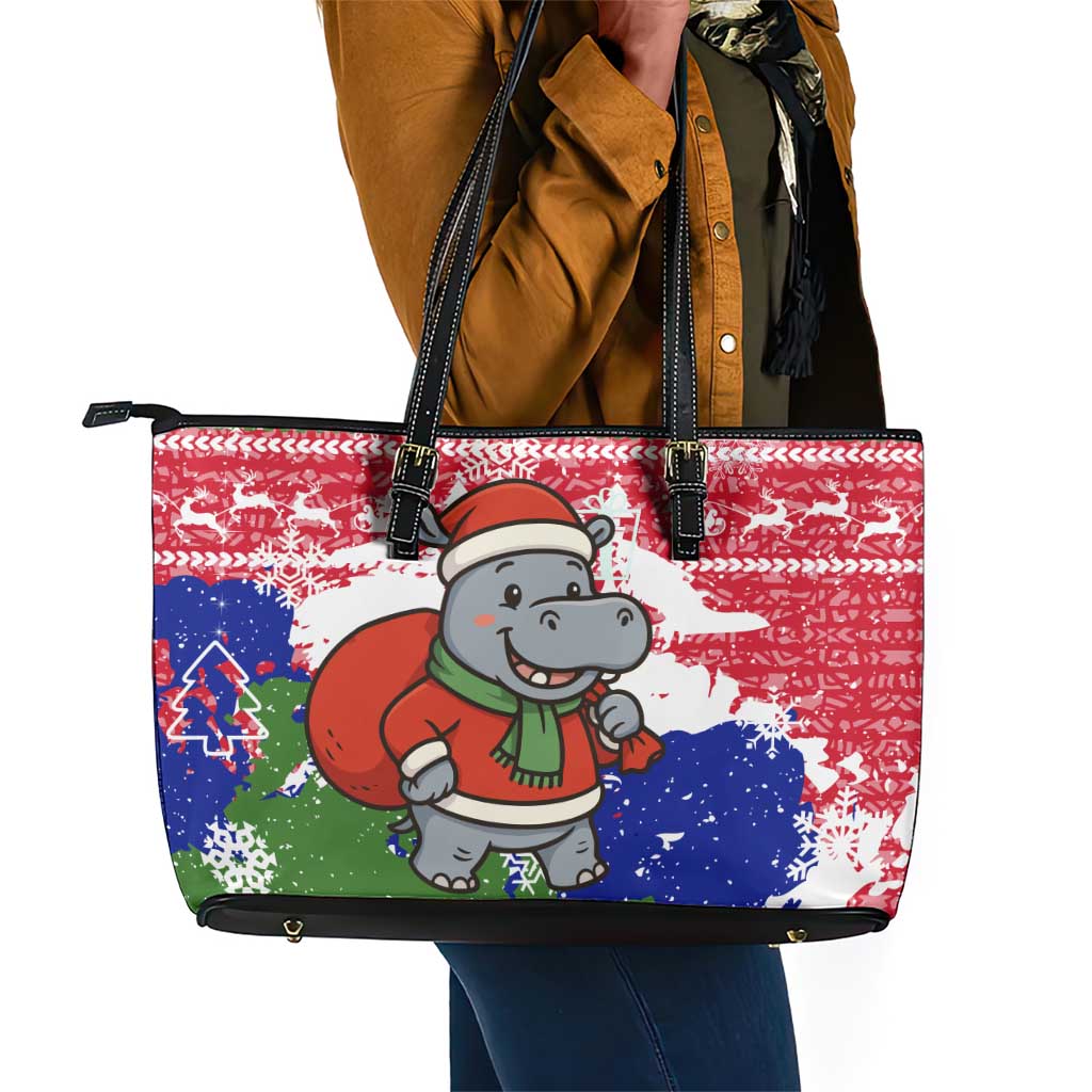 Gambia Christmas Leather Tote Bag Santa Hippo National Coat of Arms Snowflakes and Festive Holiday - African Pride