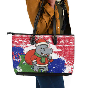 Gambia Christmas Leather Tote Bag Santa Hippo National Coat of Arms Snowflakes and Festive Holiday - African Pride