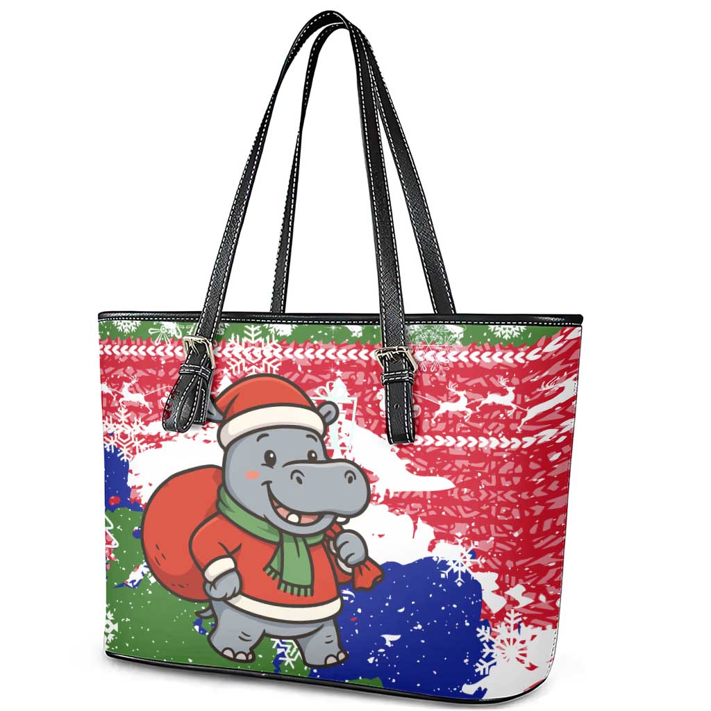 Gambia Christmas Leather Tote Bag Santa Hippo National Coat of Arms Snowflakes and Festive Holiday - African Pride