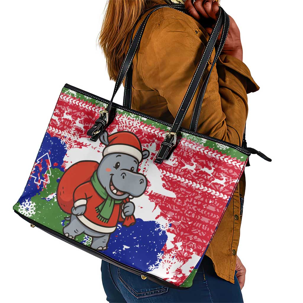Gambia Christmas Leather Tote Bag Santa Hippo National Coat of Arms Snowflakes and Festive Holiday - African Pride