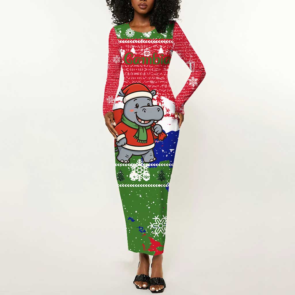 Gambia Christmas Long Sleeve Bodycon Dress Santa Hippo National Coat of Arms Snowflakes and Festive Holiday - African Pride