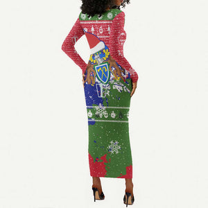 Gambia Christmas Long Sleeve Bodycon Dress Santa Hippo National Coat of Arms Snowflakes and Festive Holiday - African Pride