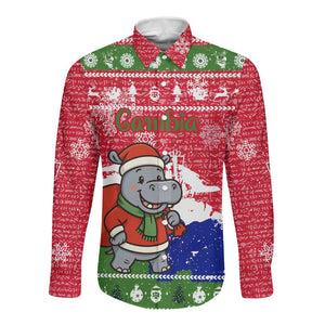 Gambia Christmas Long Sleeve Button Shirt Santa Hippo National Coat of Arms Snowflakes and Festive Holiday - African Pride