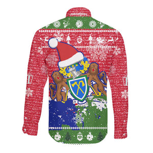 Gambia Christmas Long Sleeve Button Shirt Santa Hippo National Coat of Arms Snowflakes and Festive Holiday - African Pride