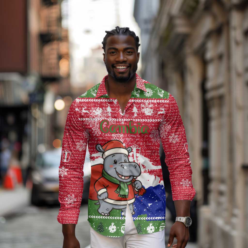 Gambia Christmas Long Sleeve Button Shirt Santa Hippo National Coat of Arms Snowflakes and Festive Holiday - African Pride