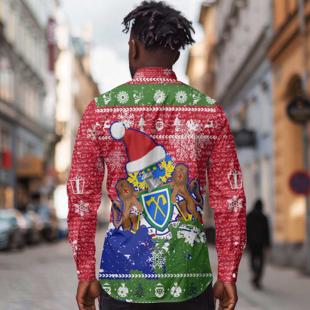 Gambia Christmas Long Sleeve Button Shirt Santa Hippo National Coat of Arms Snowflakes and Festive Holiday - African Pride