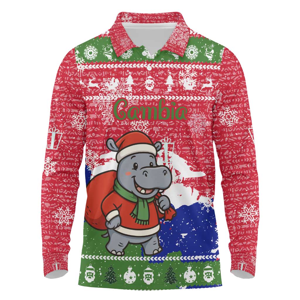 Gambia Christmas Long Sleeve Polo Shirt Santa Hippo National Coat of Arms Snowflakes and Festive Holiday - African Pride