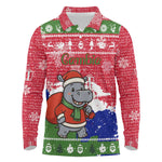 Gambia Christmas Long Sleeve Polo Shirt Santa Hippo National Coat of Arms Snowflakes and Festive Holiday - African Pride