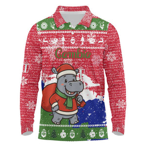 Gambia Christmas Long Sleeve Polo Shirt Santa Hippo National Coat of Arms Snowflakes and Festive Holiday - African Pride
