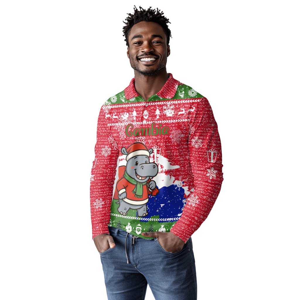Gambia Christmas Long Sleeve Polo Shirt Santa Hippo National Coat of Arms Snowflakes and Festive Holiday - African Pride