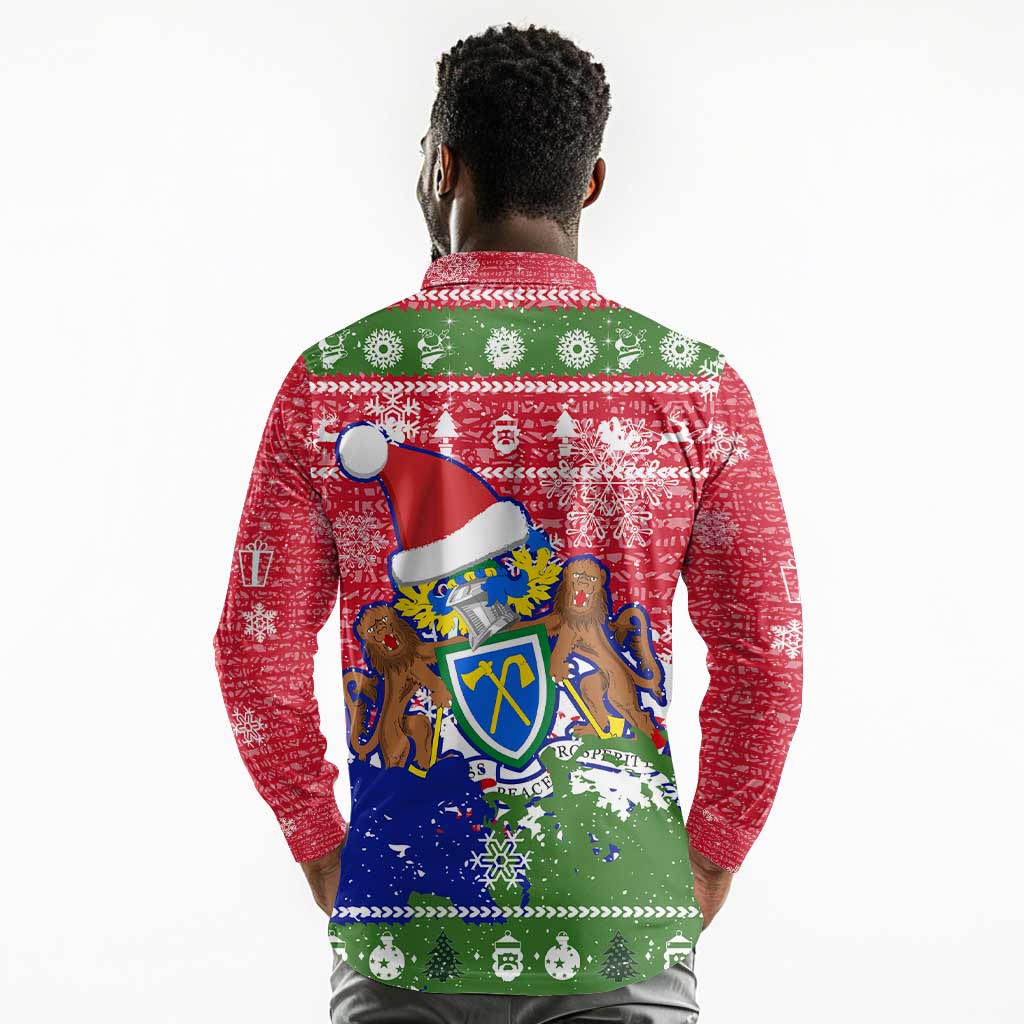 Gambia Christmas Long Sleeve Polo Shirt Santa Hippo National Coat of Arms Snowflakes and Festive Holiday - African Pride