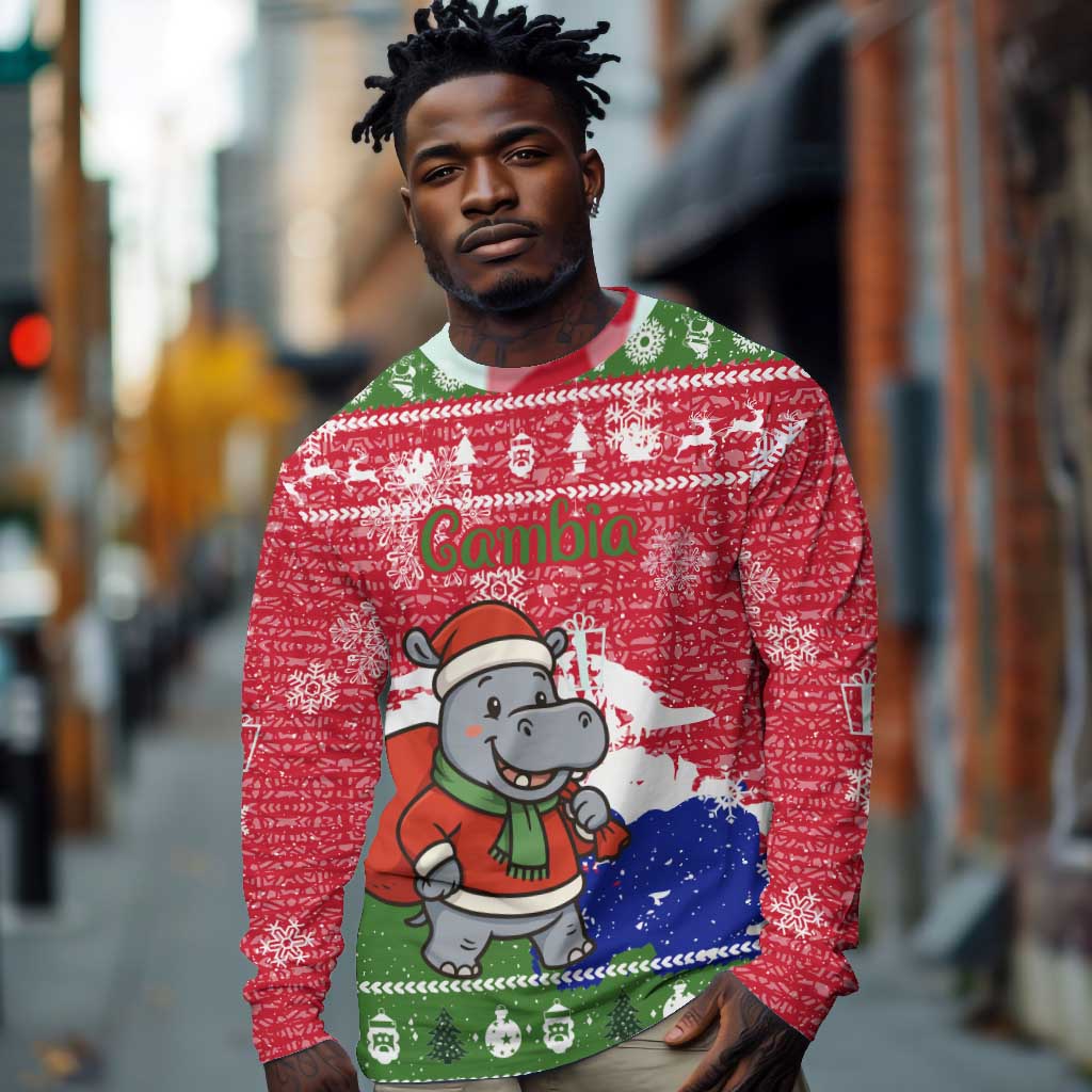 Gambia Christmas Long Sleeve Shirt Santa Hippo National Coat of Arms Snowflakes and Festive Holiday - African Pride